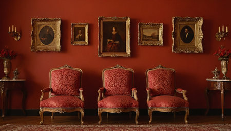 Luxury red armchairs in a classic room with paintings on the wallの素材
