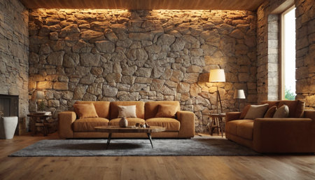Interior of modern living room with stone wall and brown sofa 3D renderingの素材
