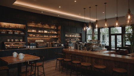 Interior of a coffee shop with tables and chairs, vintage styleの素材