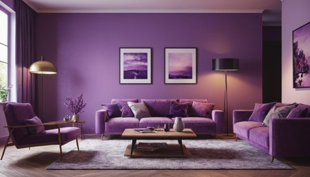 purple living room interior with sofa 3d render illustration mock upの素材