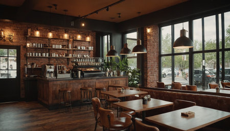 Interior of a modern cafe with brick walls and wooden floor.の素材