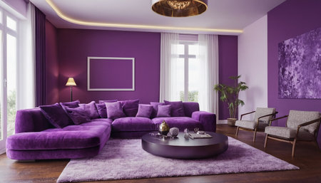 interior with purple sofa. 3d rendered illustration of living roomの素材