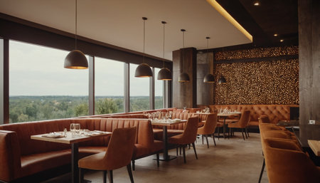Interior of a modern restaurant with wooden walls and concrete floor.の素材