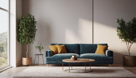 interior with blue sofa, coffee table and plant 3d renderの素材