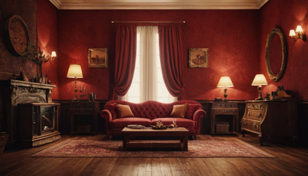 Classic interior of the living room with red walls, wooden floor and a red sofa. 3d renderの素材