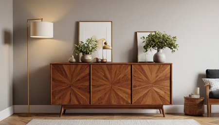 Interior of modern living room with wooden commode, 3d renderの素材