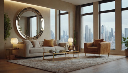Modern living room interior design with round mirror, sofa and armchair. 3D Renderingの素材