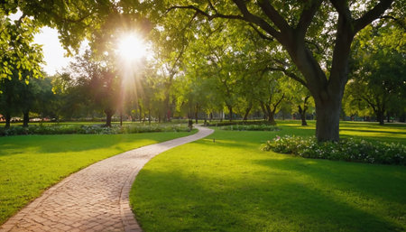 Sunset in the park with green grass, trees and path.の素材