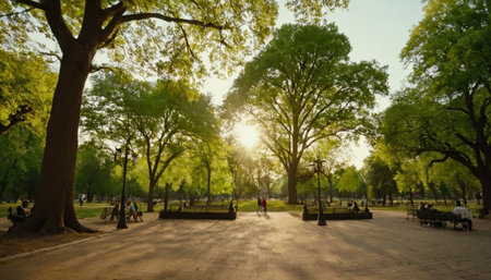 Sunset in the park with people walking and sitting on the benchの素材