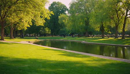 beautiful green park with pond and trees in the background, sunny dayの素材