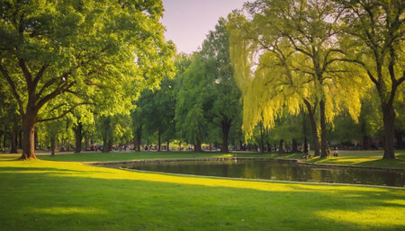 Sunset in the city park with green trees and lake on backgroundの素材