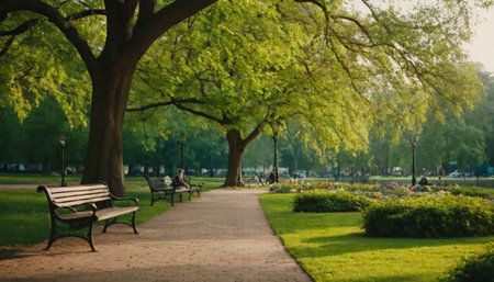 Park bench and trees in the city park. Beautiful summer landscape.の素材