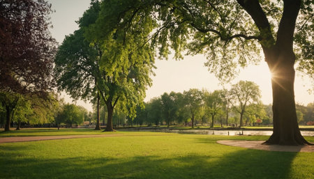 Sunset in the city park with green grass, trees and benchesの素材