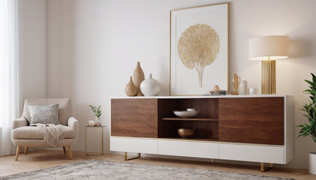 Interior of living room with wooden commode, 3d renderの素材