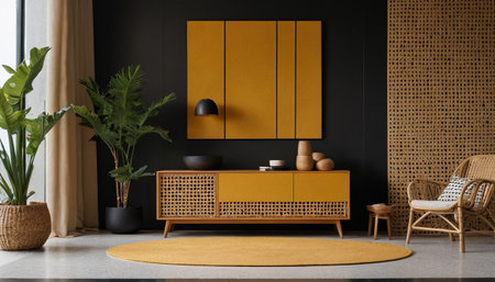 Interior of modern living room with wooden cupboard, 3d renderの素材