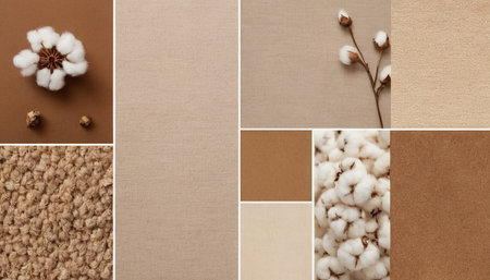 collage of cotton flowers on beige, brown and beige backgroundの素材