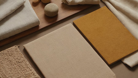 Flat lay, top view of natural linen tablecloths.の素材