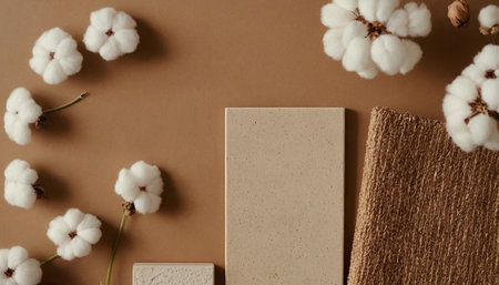 Flat lay composition of natural bath accessories and cotton flowers on brown backgroundの素材