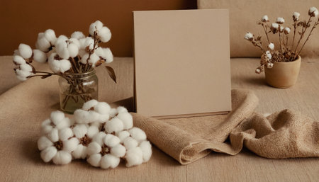 Blank greeting card, cotton flowers and burlap on wooden tableの素材