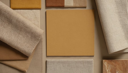 Top view of brown and beige fabric samples on beige backgroundの素材