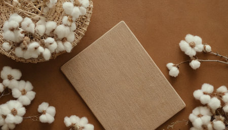 Flat lay of gift box and cotton flowers on brown background.の素材