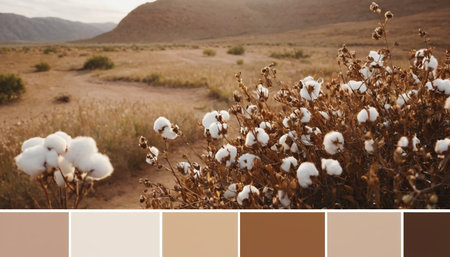 collage of dry cotton flowers in the field with color swatchesの素材