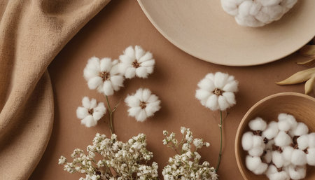 Cotton flowers and plates on brown background. Flat lay, top viewの素材
