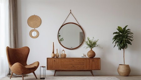 Interior of modern living room with wooden commode, armchair and round mirror. 3d renderの素材