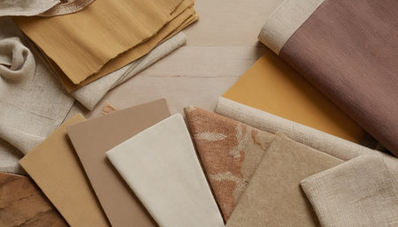 Samples of beige, brown and beige fabrics on wooden backgroundの素材