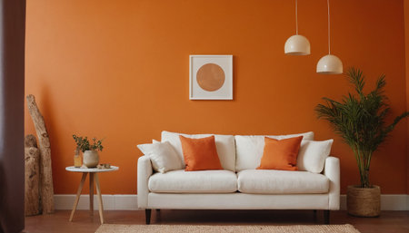 Interior of living room with orange wall, sofa and coffee tableの素材