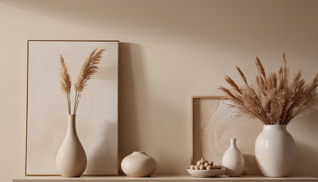 Pampas grass in vase on shelf in living room interiorの素材