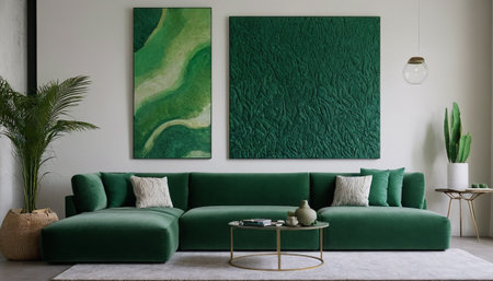 Modern living room interior with green sofa, coffee table and decorative plantsの素材