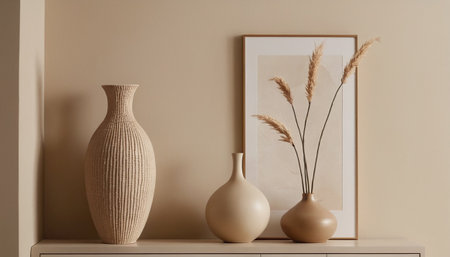 Stylish vase on chest of drawers near beige wallの素材