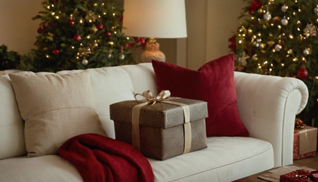 Christmas presents on a sofa in the living room with a Christmas treeの素材