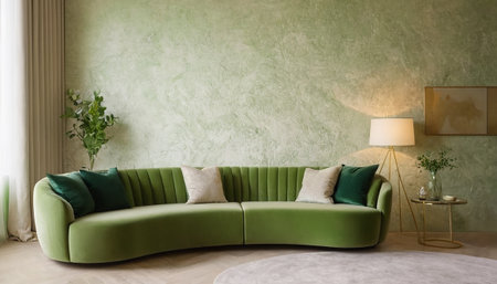 Green sofa with pillows in modern living room. 3d renderの素材