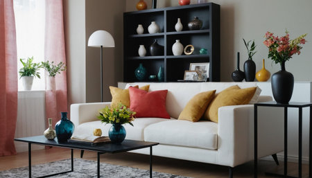 Interior of modern living room with sofa, coffee table and flowersの素材
