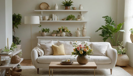 Modern living room interior with sofa, coffee table, plants and vasesの素材