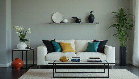 Modern living room interior design with white sofa, coffee table and plantsの素材