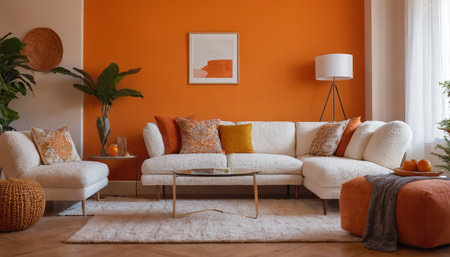 Cozy living room interior with orange walls, sofa and coffee tableの素材