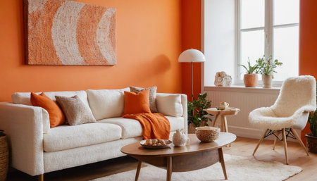 Living room interior with orange walls, comfortable sofa, armchair, coffee table and plantの素材