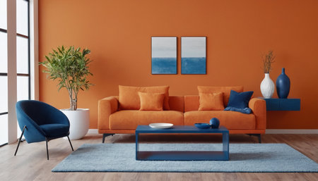 Modern orange living room interior with orange sofa and blue armchairs. 3d renderの素材
