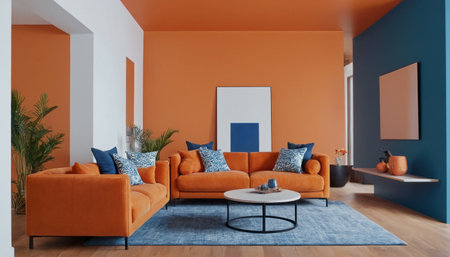 Interior of modern living room with orange and blue walls, wooden floor, orange sofa and coffee table. 3d renderingの素材