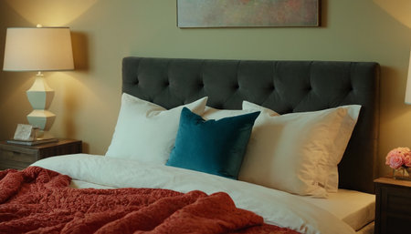 Luxury bedroom interior design with pillows on bed, close upの素材