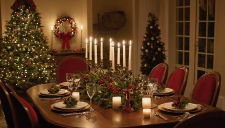 Table setting for Christmas dinner with candles and christmas tree in backgroundの素材