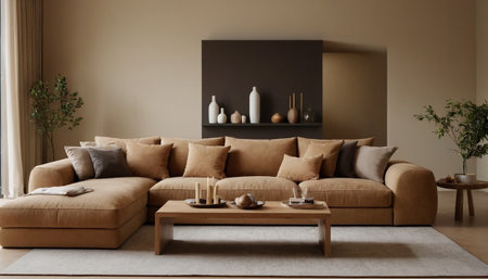 Modern living room interior design with brown sofa, coffee table and vasesの素材