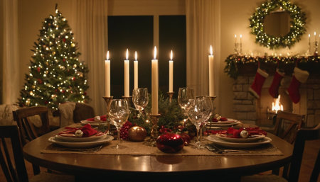 Christmas dinner table with candles and christmas tree in the background.の素材