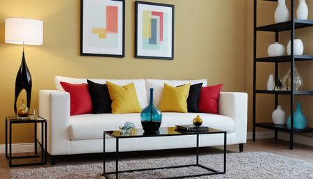 Modern living room interior with comfortable sofa and decorative objects, closeupの素材