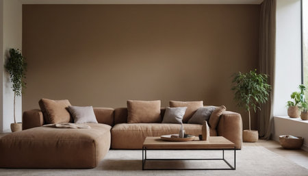 Modern interior design of living room with brown sofa, coffee table and plantの素材