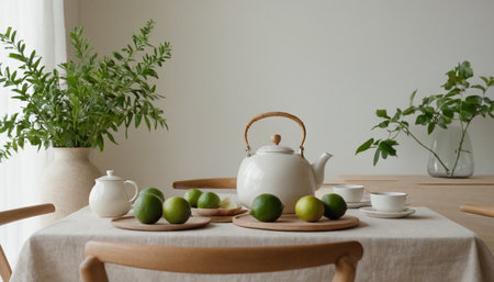 White teapot and green lemons on wooden table in living roomの素材