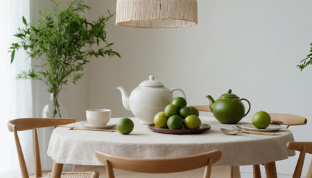 Table setting with teapot, lemons and lime on the tableの素材